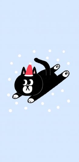 [2436x1125]卡通 黑猫 猫咪 圣诞帽 苹果手机动漫壁纸图片