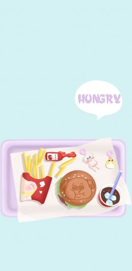 [2436x1125]卡通便当 汉堡 薯条 可乐 苹果手机动漫壁纸图片