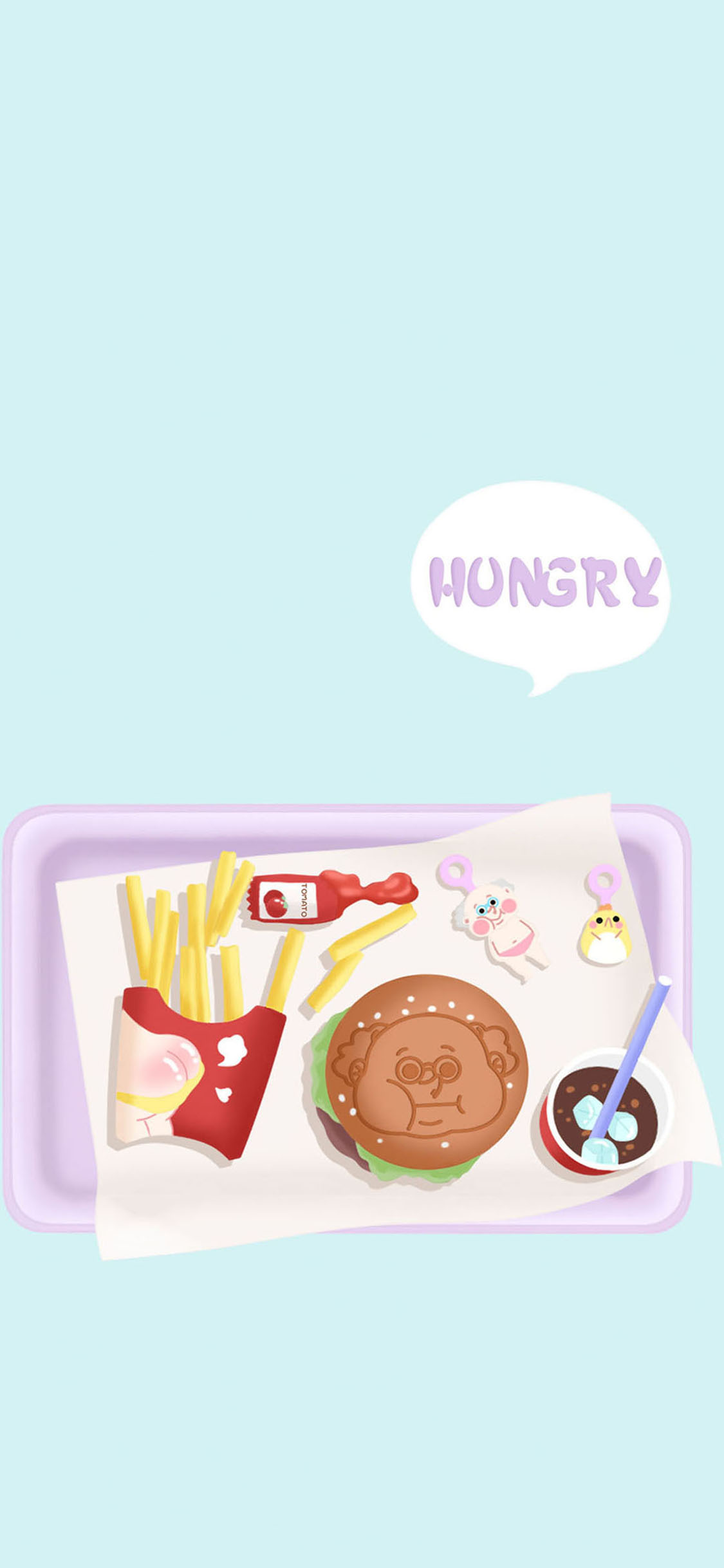 [2436×1125]卡通便当 汉堡 薯条 可乐 苹果手机动漫壁纸图片
