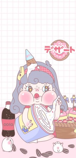 [2436x1125]卡通女孩 吃甜品 可乐 仓鼠 瓜子 苹果手机动漫壁纸图片