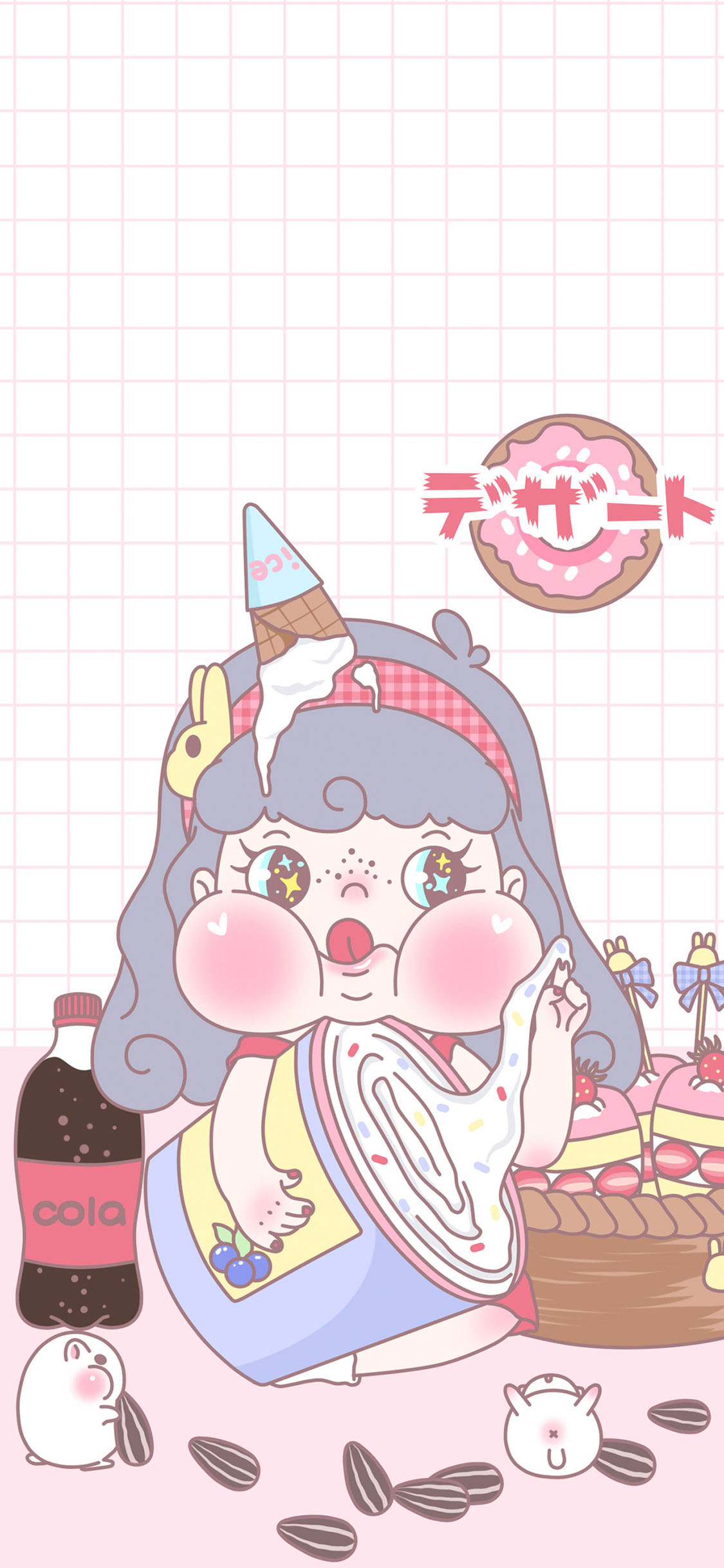 [2436×1125]卡通女孩 吃甜品 可乐 仓鼠 瓜子 苹果手机动漫壁纸图片