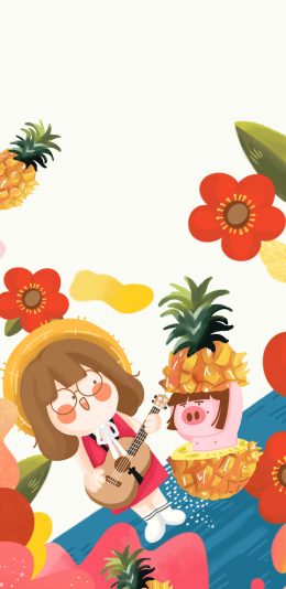 [2436x1125]卡通女孩 吉他 菠萝 猪猪 苹果手机动漫壁纸图片