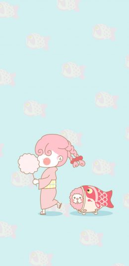 [2436x1125]卡通女孩 小狗 日系 可爱 苹果手机动漫壁纸图片
