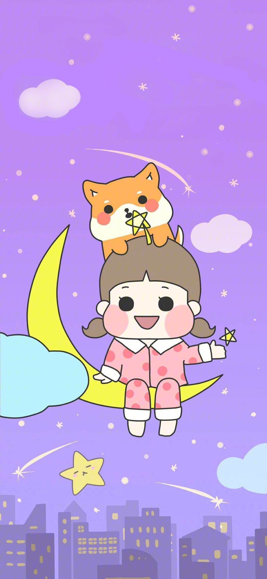 [2436×1125]卡通女孩 月亮 柯基 可爱 苹果手机动漫壁纸图片