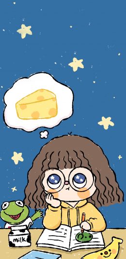 [2436x1125]卡通女孩 短发 思考 奶酪 苹果手机动漫壁纸图片