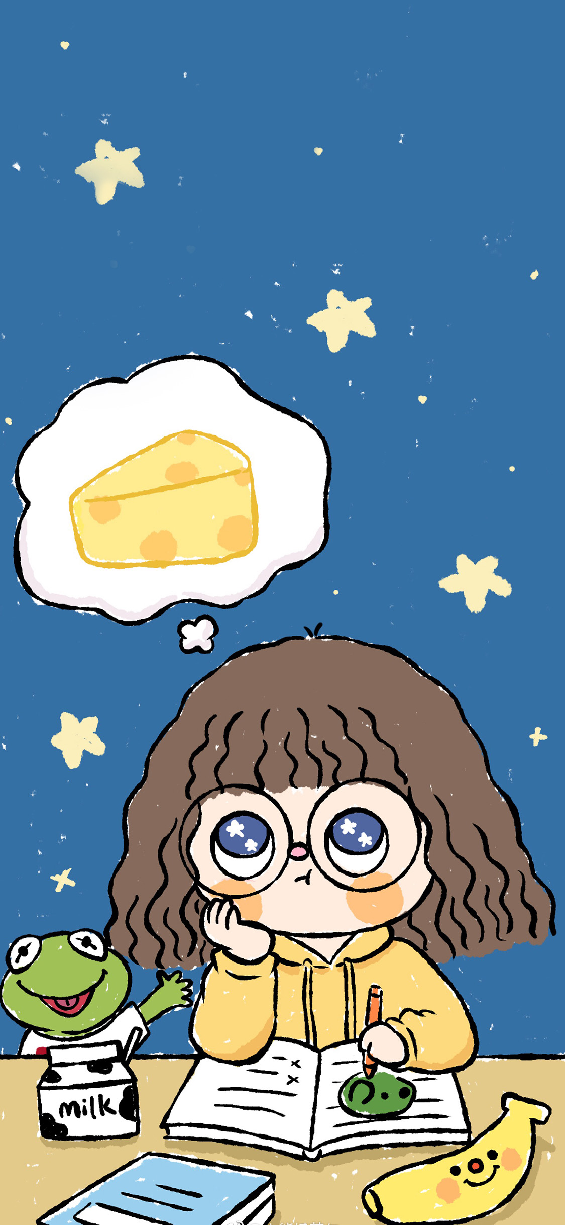 [2436×1125]卡通女孩 短发 思考 奶酪 苹果手机动漫壁纸图片