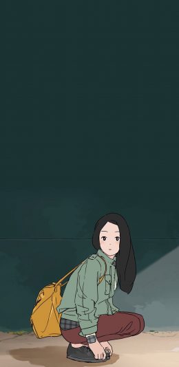 [2436x1125]卡通女孩 长发 蹲着 书包 苹果手机动漫壁纸图片