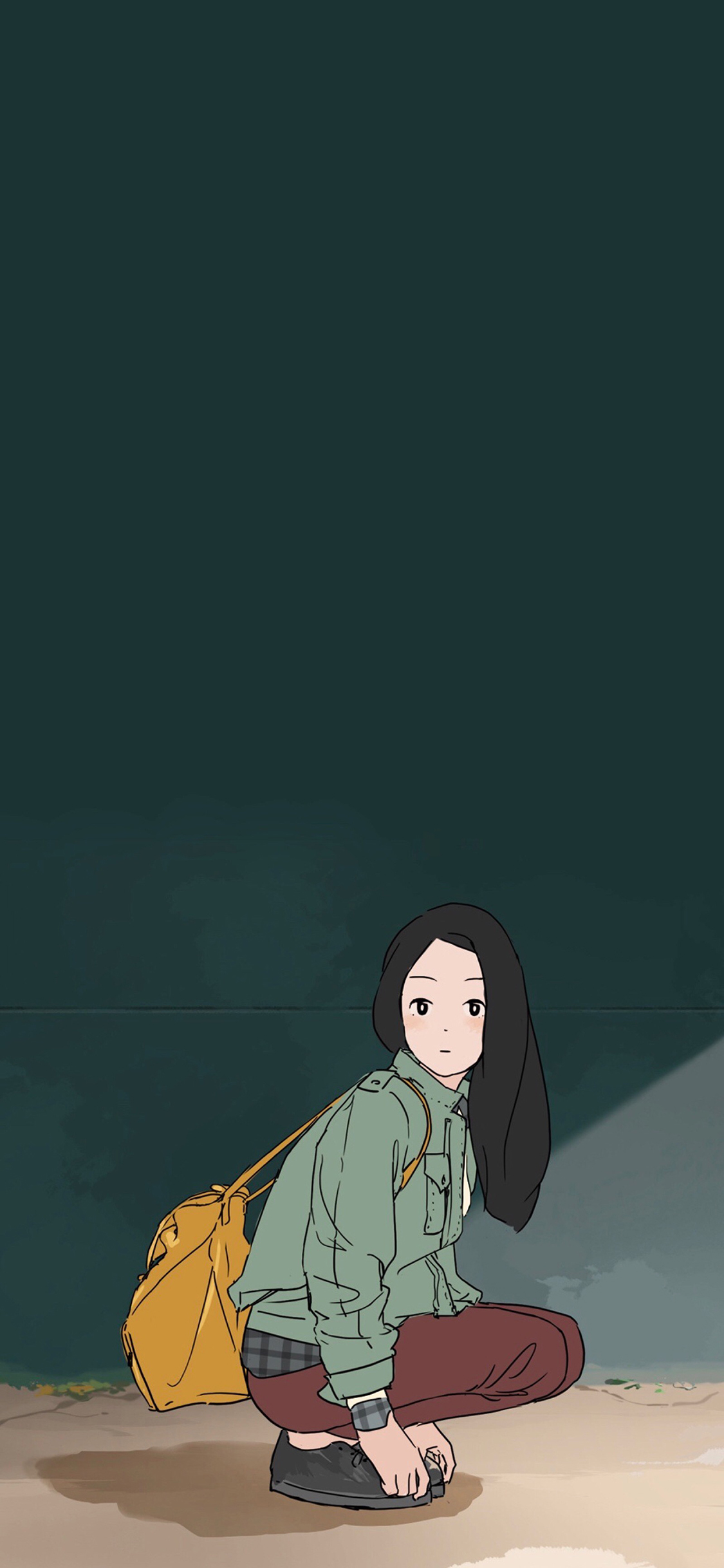 [2436×1125]卡通女孩 长发 蹲着 书包 苹果手机动漫壁纸图片