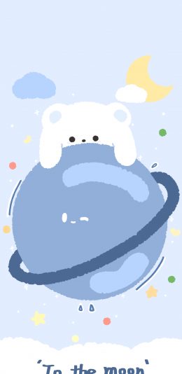 [2436x1125]卡通小熊 白色 月球 to the moon（取自微博：小熊犯罪案件） 苹果手机动漫壁纸图片