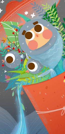 [2436x1125]卡通小鱼儿 花草 趣味插画 苹果手机动漫壁纸图片