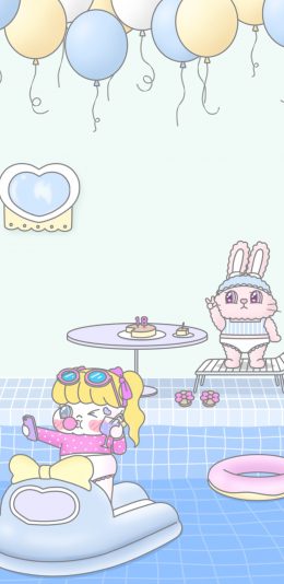 [2436x1125]卡通插图 女孩 泳池 兔子 可爱 苹果手机动漫壁纸图片