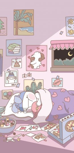 [2436x1125]卡通插画 大白 睡觉 粉色系 苹果手机动漫壁纸图片