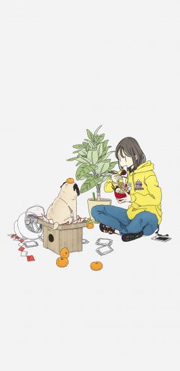 [2436x1125]卡通插画 女孩 狗子 巴哥犬 苹果手机动漫壁纸图片