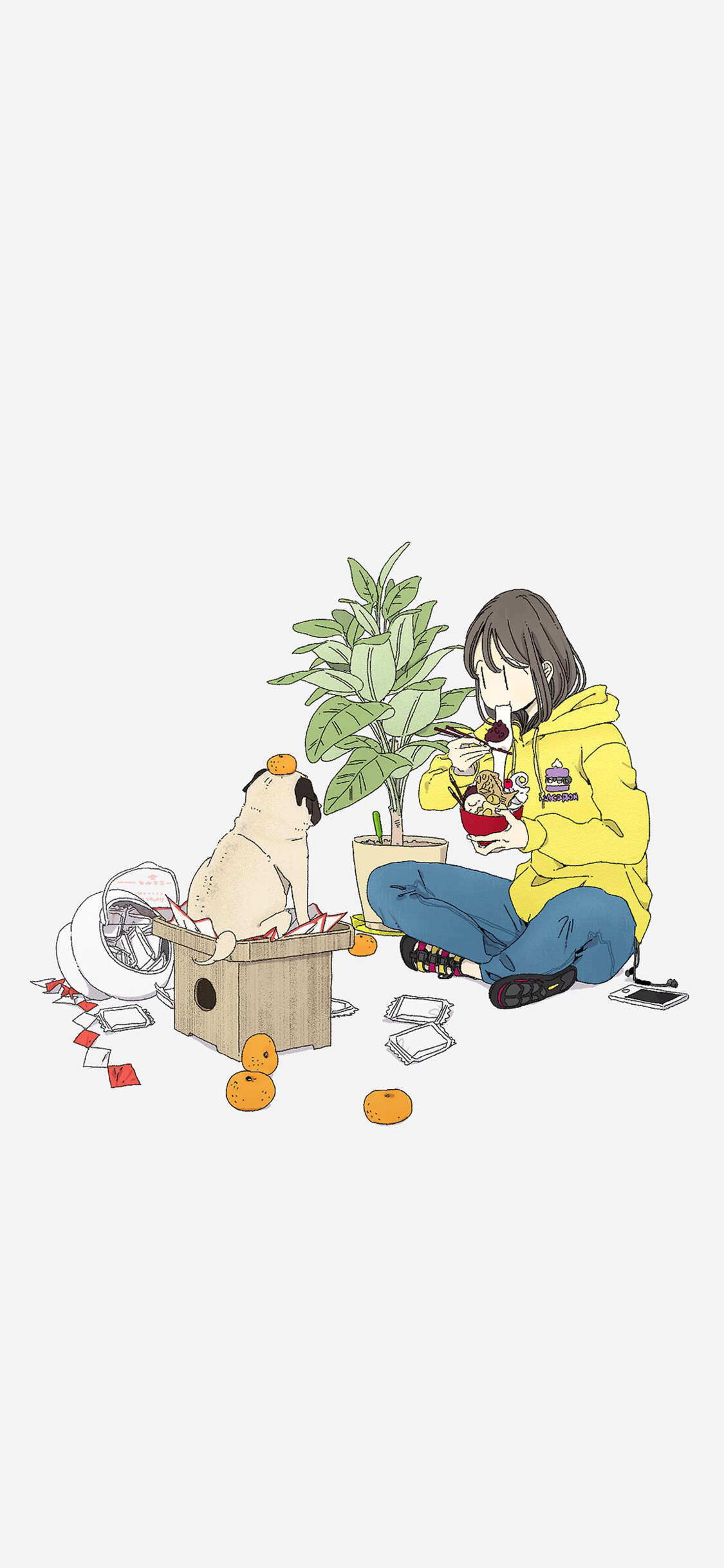 [2436×1125]卡通插画 女孩 狗子 巴哥犬 苹果手机动漫壁纸图片