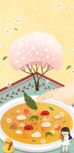 [2436x1125]卡通插画 汤 小女孩 小黄鸭 苹果手机动漫壁纸图片