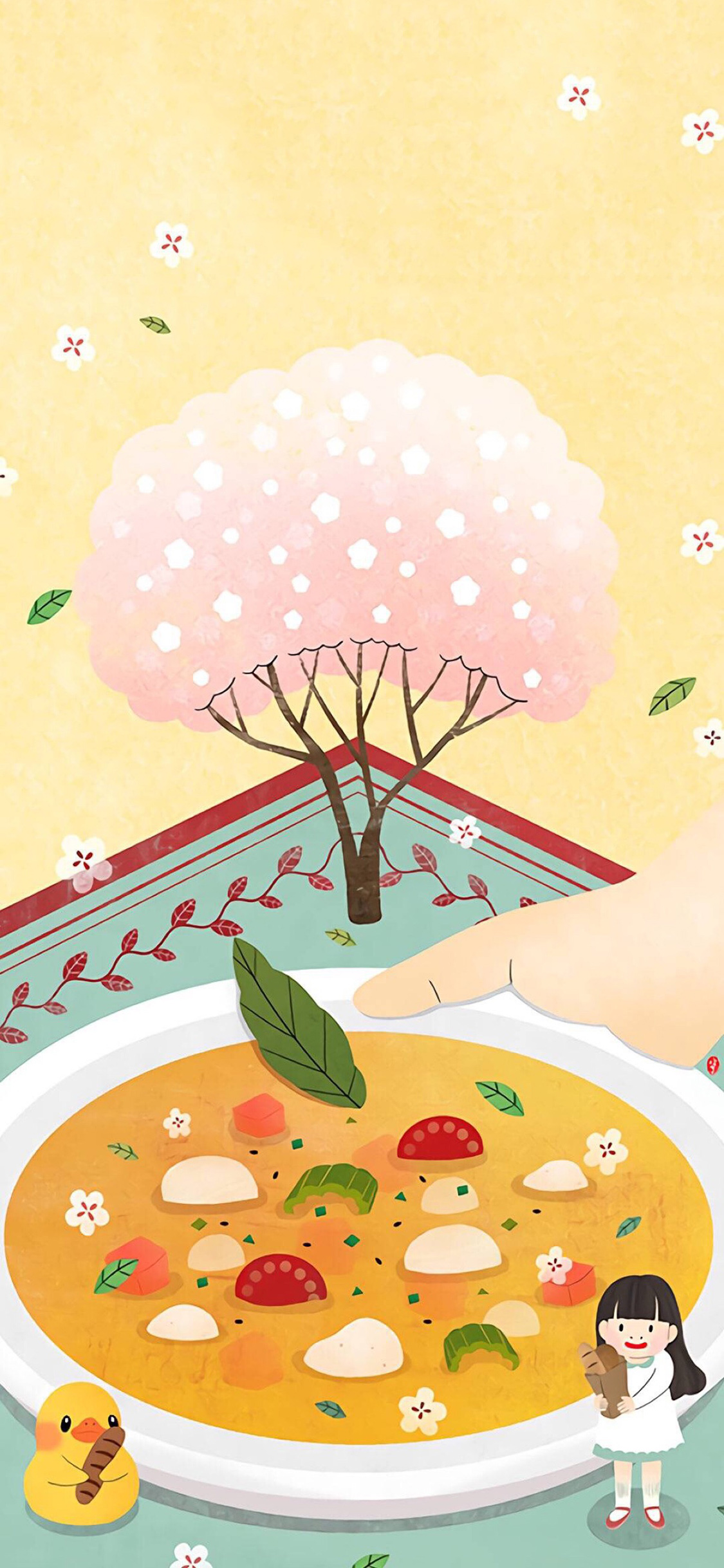 [2436×1125]卡通插画 汤 小女孩 小黄鸭 苹果手机动漫壁纸图片