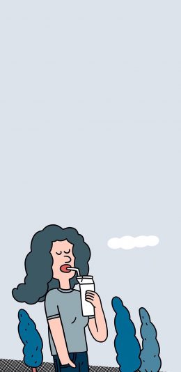 [2436x1125]卡通插画 爆炸头 女孩 喝饮料 苹果手机动漫壁纸图片