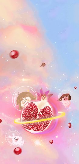 [2436x1125]卡通插画 石榴 女孩 小猪 苹果手机动漫壁纸图片