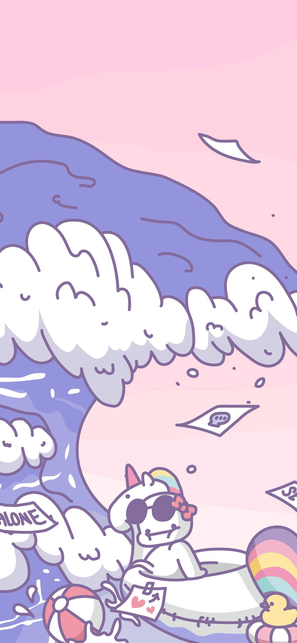 [2436×1125]卡通萌物 冲浪 独角兽 泳圈 苹果手机动漫壁纸图片