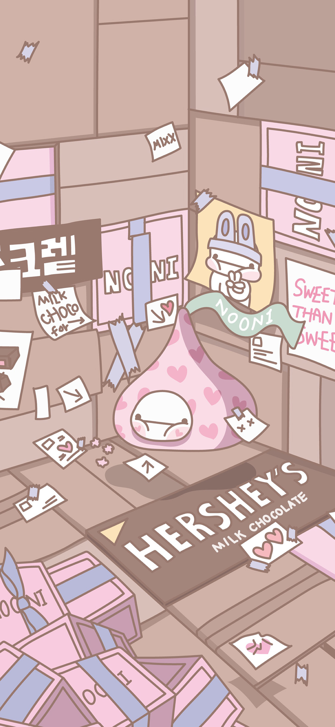 [2436×1125]卡通萌物 巧克力 便利贴 苹果手机动漫壁纸图片