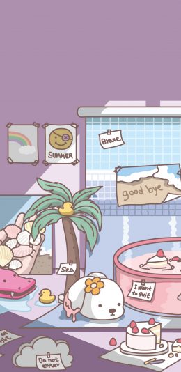 [2436x1125]卡通萌物 泳池 summer goodbye 苹果手机动漫壁纸图片