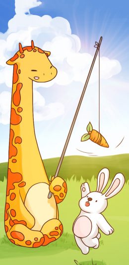[2436x1125]卡通长颈鹿 小兔子 胡萝卜 苹果手机动漫壁纸图片