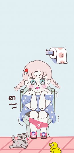 [2436x1125]厕所 小女孩 蹲坑 可爱 卡通 苹果手机动漫壁纸图片