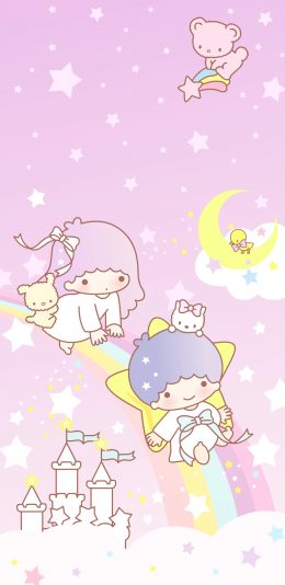 [2436x1125]双子星 卡通 粉色 彩虹 城堡 星星 苹果手机动漫壁纸图片