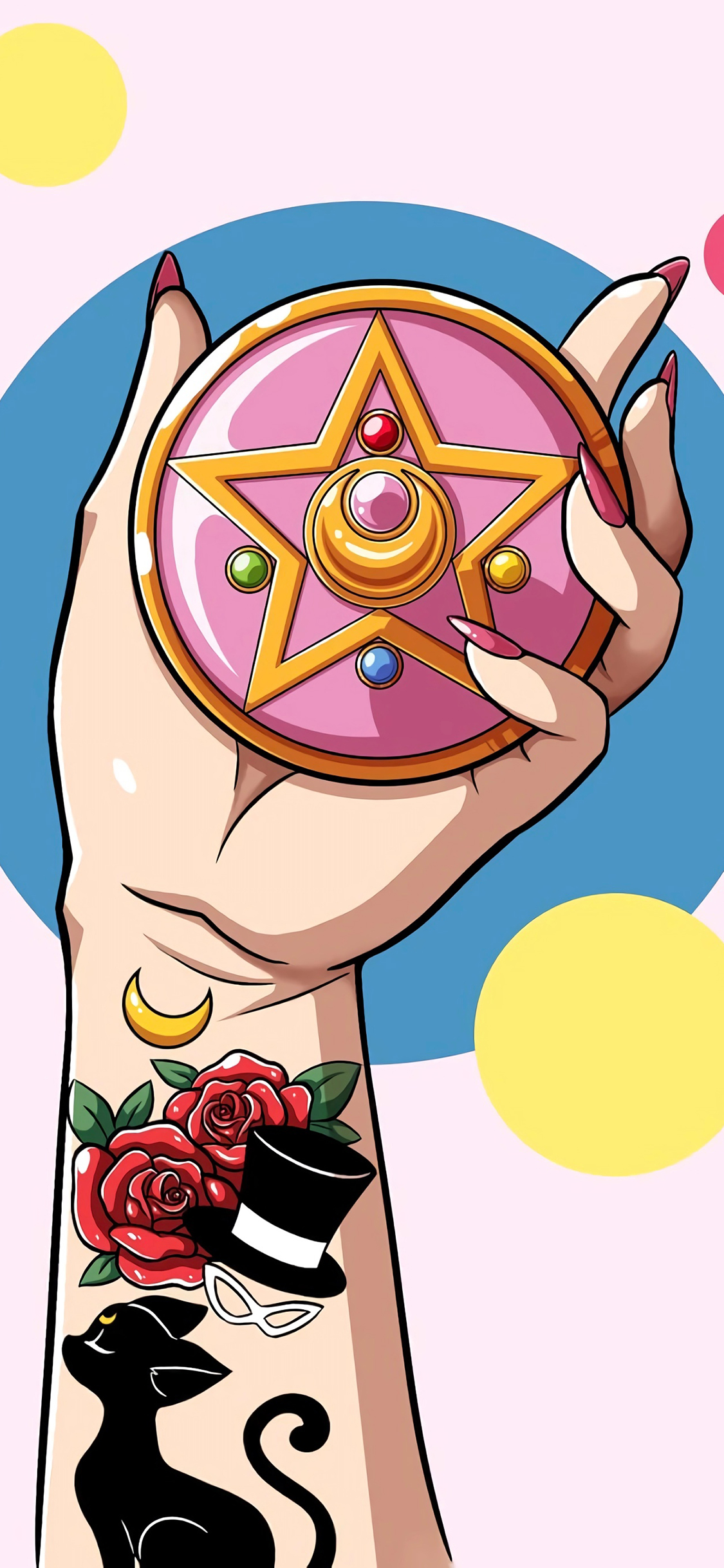 [2436×1125]变身器 美少女 星星 纹身 粉色 苹果手机动漫壁纸图片