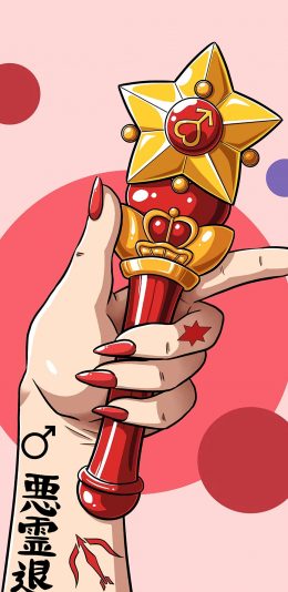 [2436x1125]变身器 美少女 星星 纹身 粉色 手势 苹果手机动漫壁纸图片