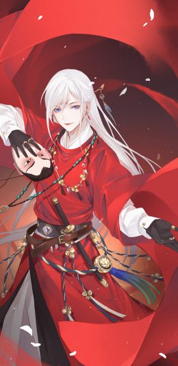 [2436x1125]古风 二次元 美男 红衣（作者：一锅爆炸的玄哥） 苹果手机动漫壁纸图片