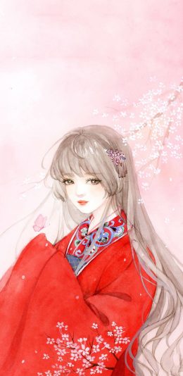 [2436x1125]古风 动漫少女 红袍 长发 苹果手机动漫壁纸图片