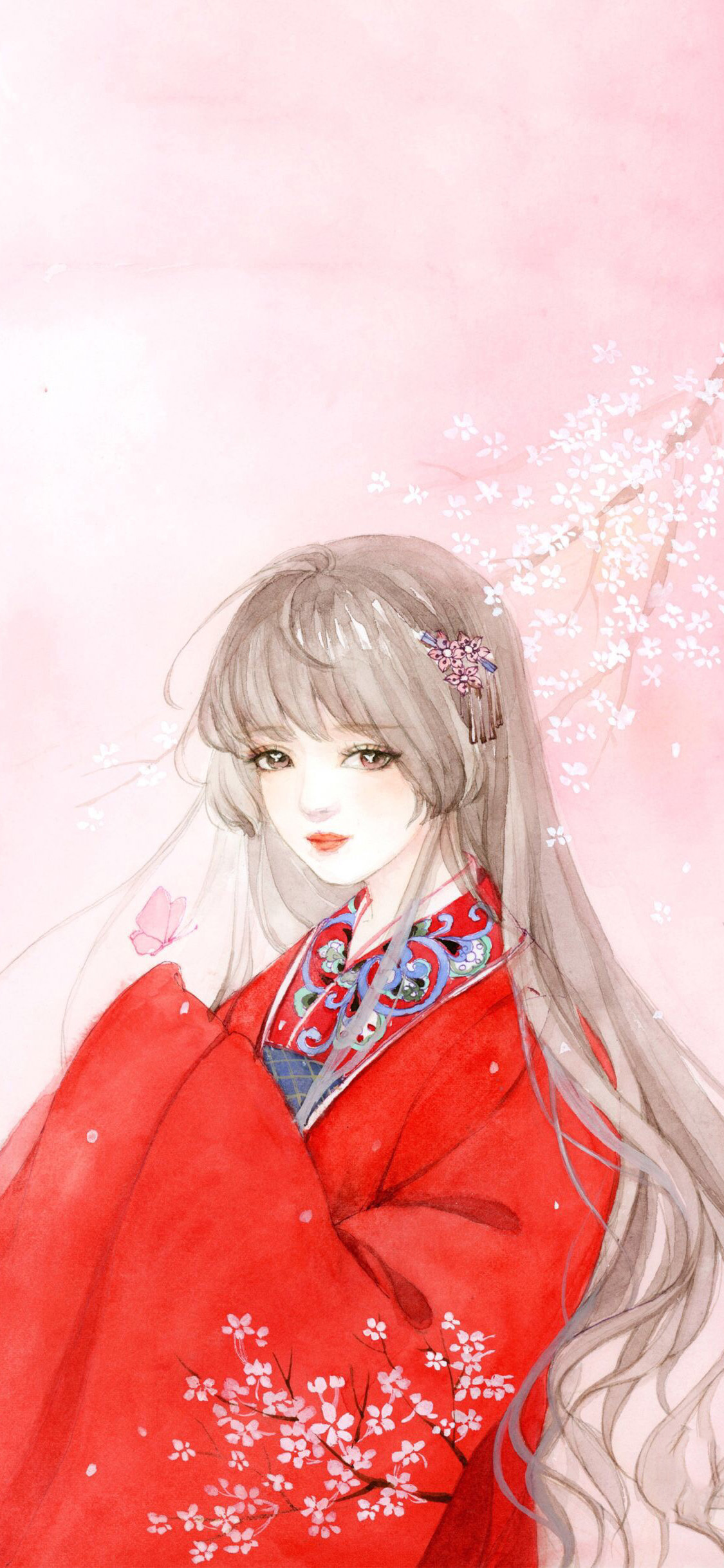 [2436×1125]古风 动漫少女 红袍 长发 苹果手机动漫壁纸图片