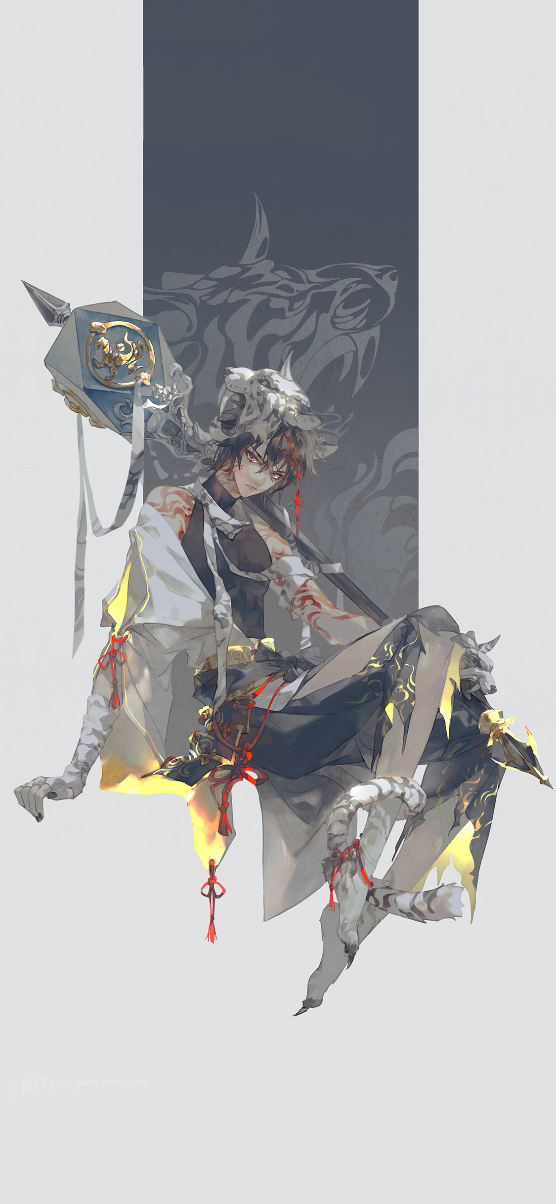 [2436×1125]古风 动漫少年 白虎 同人 苹果手机动漫壁纸图片