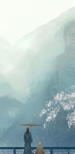 [2436x1125]古风 场景 山峰 佛像 背影 苹果手机动漫壁纸图片