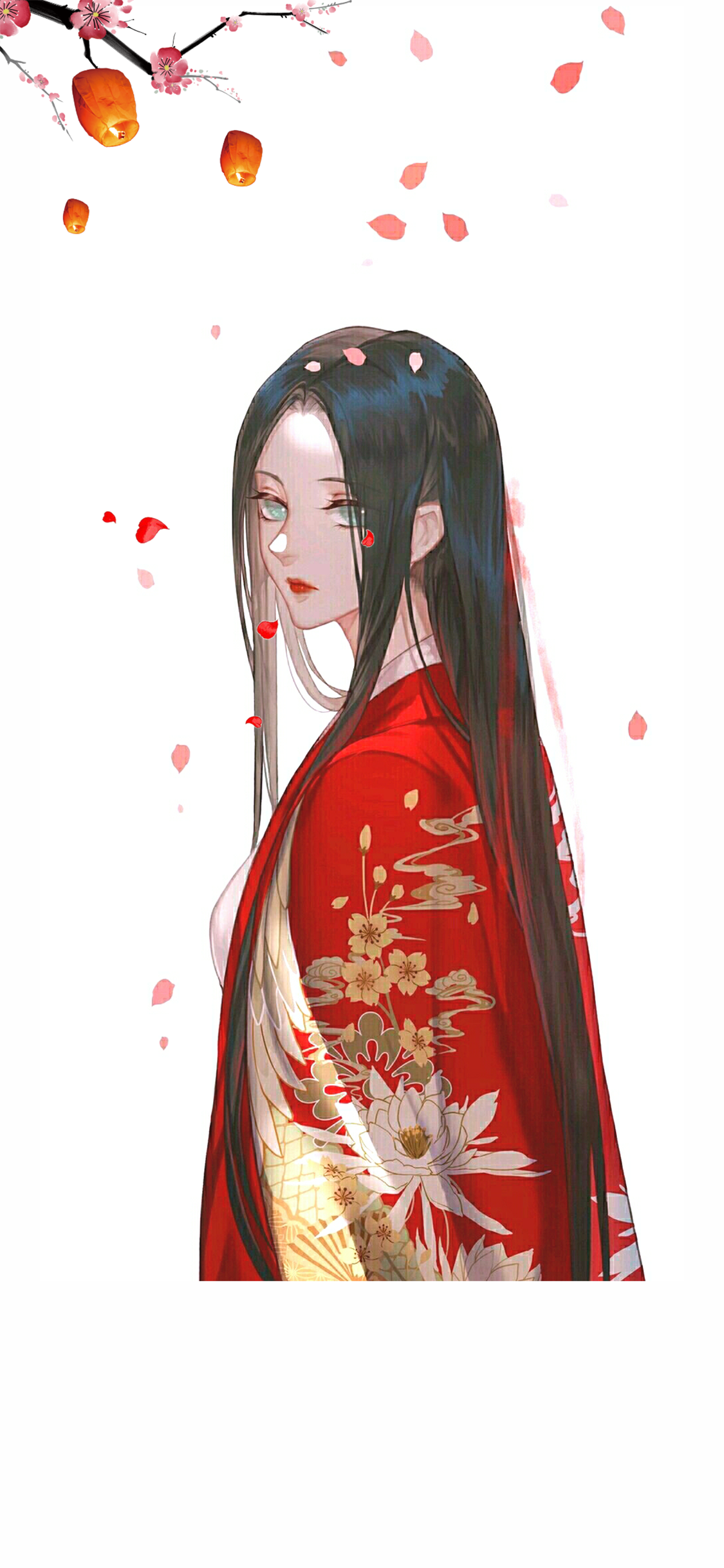 [2436×1125]古风 少女 插画 红衣 苹果手机动漫壁纸图片