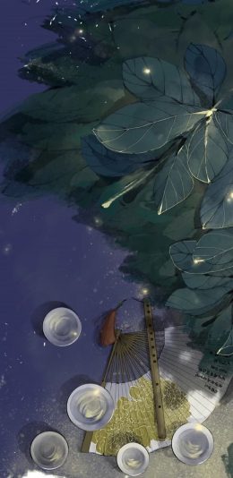 [2436x1125]古风 插图 扇子 杯子 苹果手机动漫壁纸图片