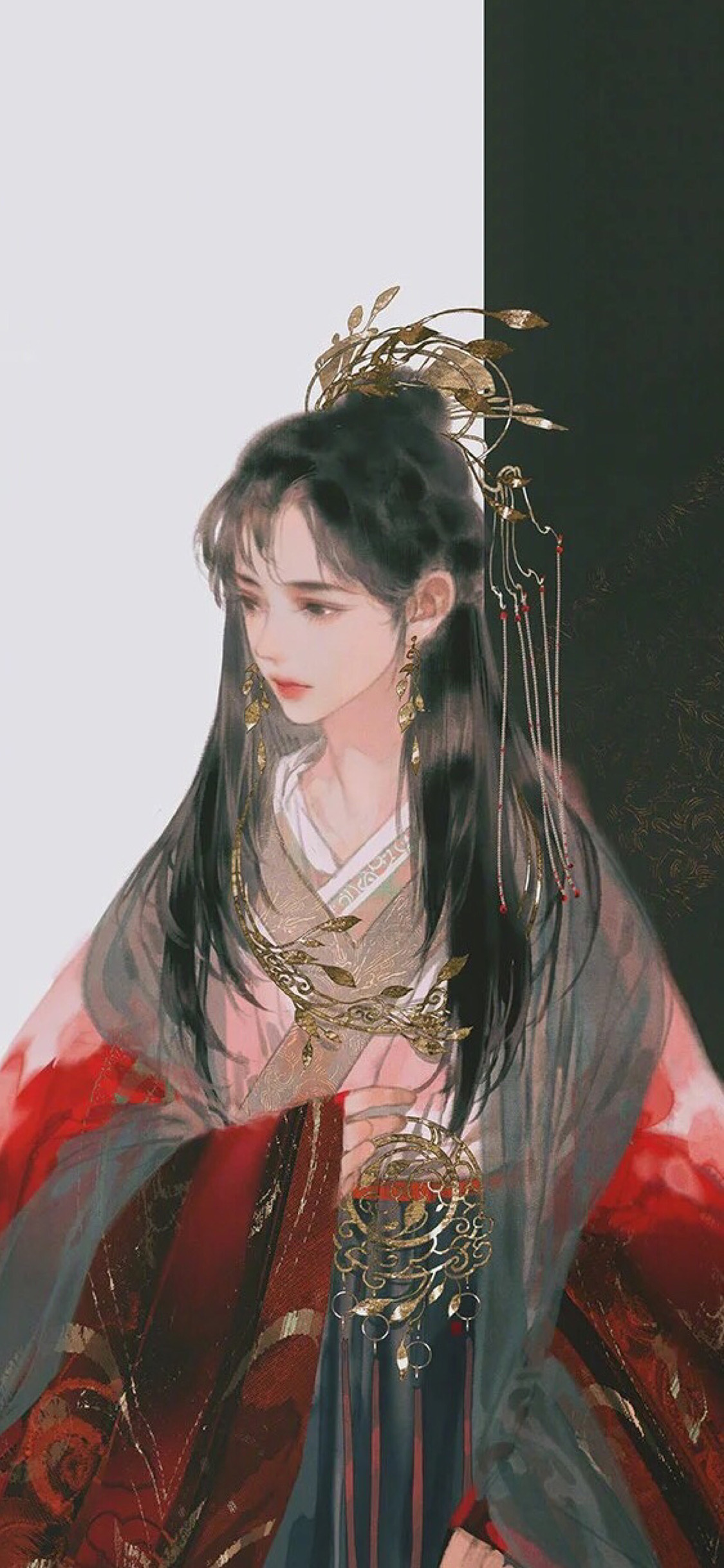 [2436×1125]古风 美女 红妆 柔美 苹果手机动漫壁纸图片