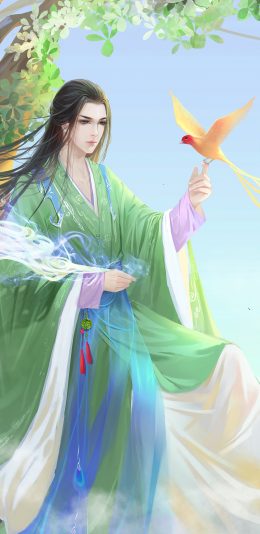 [2436x1125]古风 美男 绿色系 飞鸟 作者：淑湘婷 苹果手机动漫壁纸图片