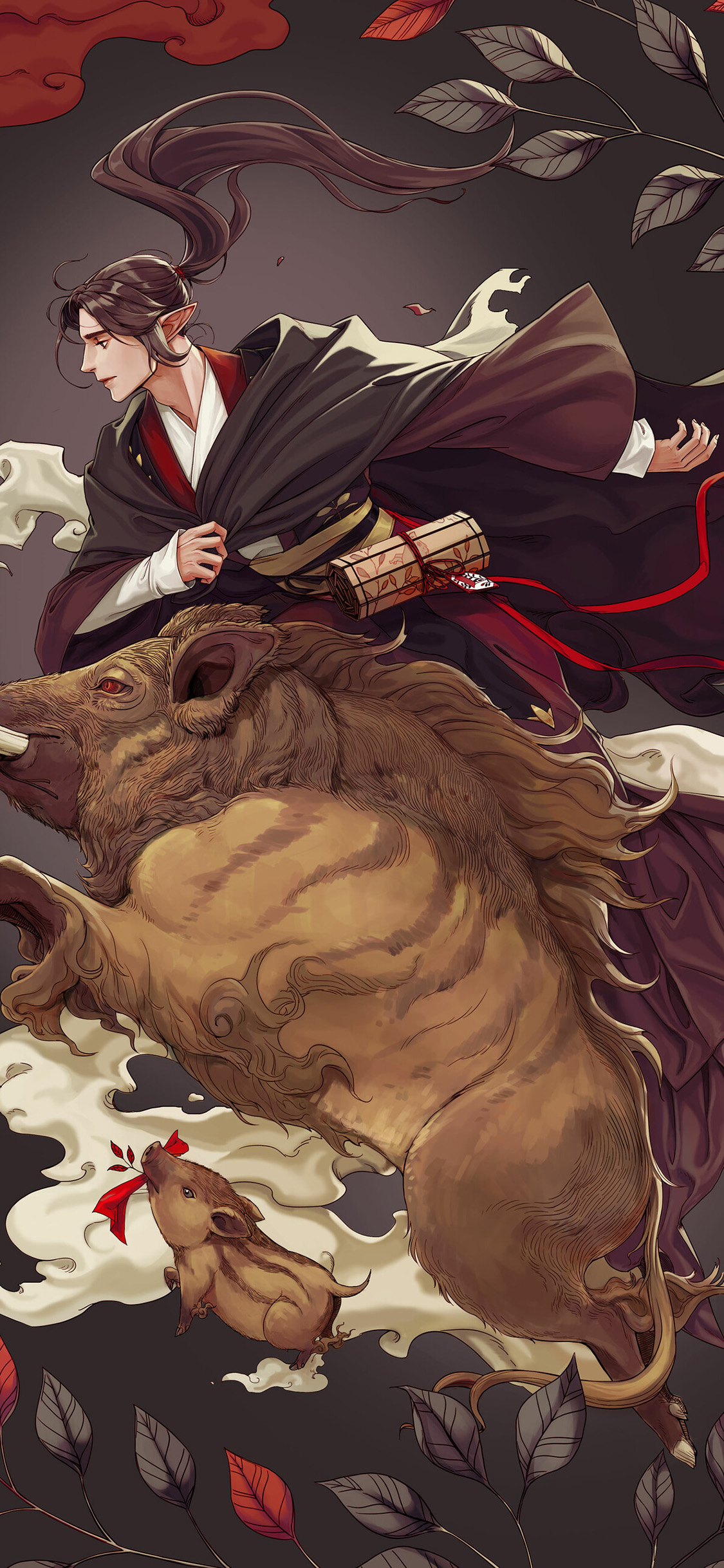 [2436×1125]古风 美男 野猪 坐骑 插图 苹果手机动漫壁纸图片