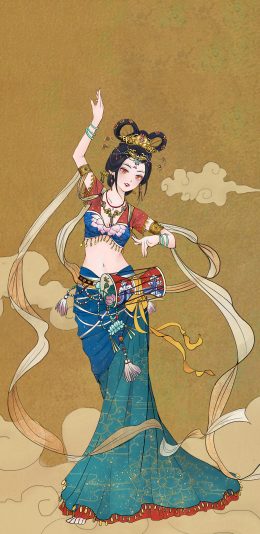 [2436x1125]古风 舞女 妖娆 乐器 苹果手机动漫壁纸图片