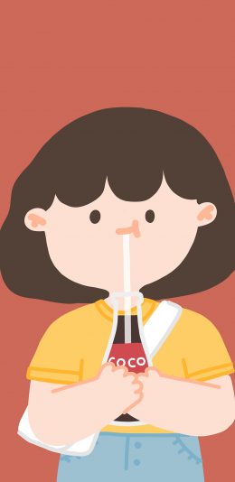 [2436x1125]可口可乐 小女孩 吸管 饮料 红色 苹果手机动漫壁纸图片