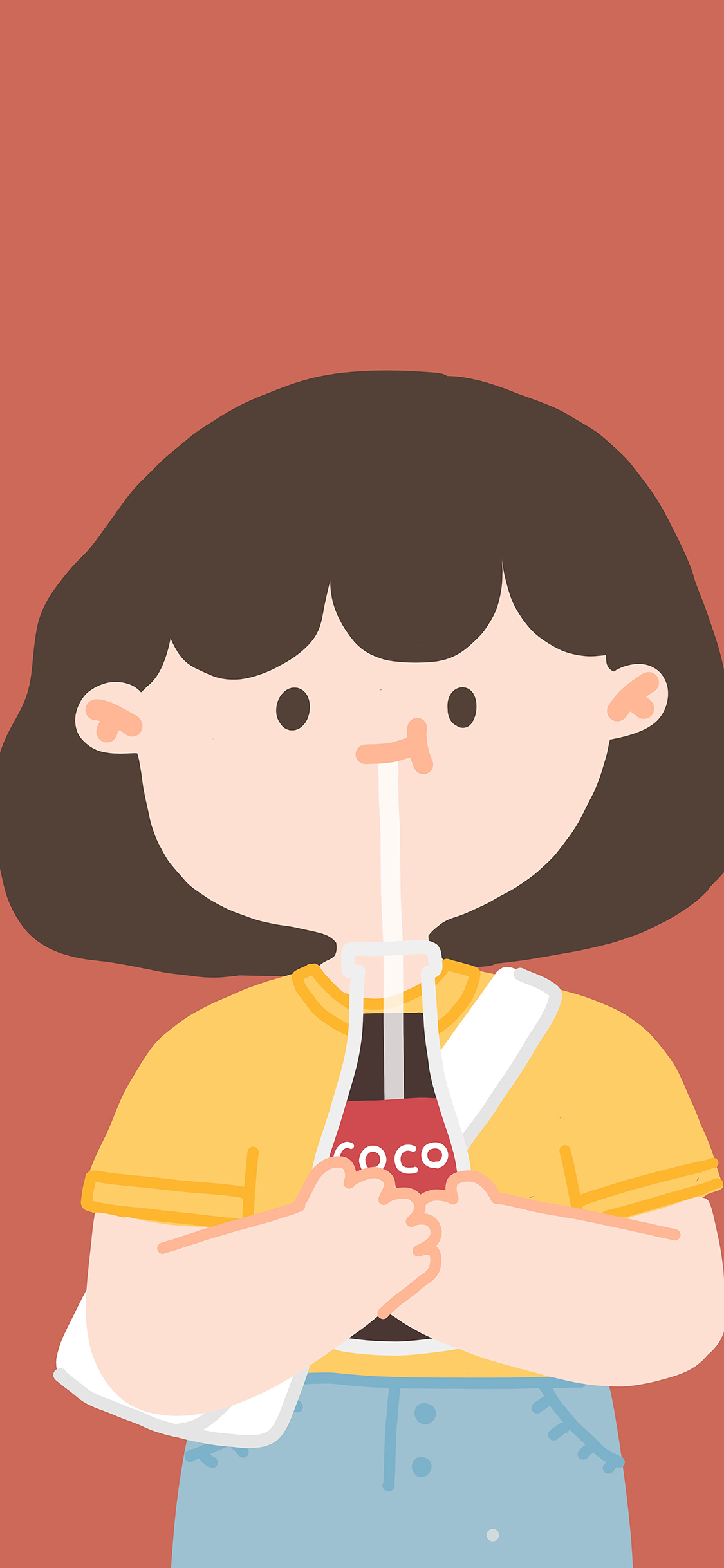 [2436×1125]可口可乐 小女孩 吸管 饮料 红色 苹果手机动漫壁纸图片