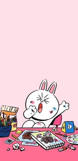 [2436x1125]可妮兔 linefriends 画画 粉色 可爱 卡通 苹果手机动漫壁纸图片
