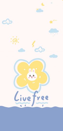 [2436x1125]可爱 兔子 小花 live free 苹果手机动漫壁纸图片