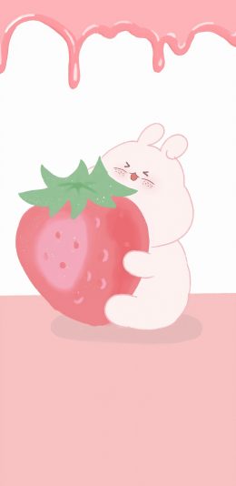 [2436x1125]可爱 兔子 草莓 粉 苹果手机动漫壁纸图片