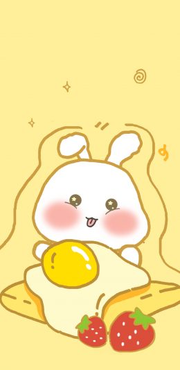 [2436x1125]可爱 兔子 鸡蛋 草莓 卡通 黄 苹果手机动漫壁纸图片