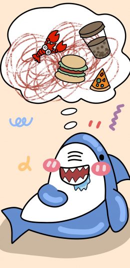 [2436x1125]可爱 卡通 小鲨鱼 汉堡 小龙虾 苹果手机动漫壁纸图片