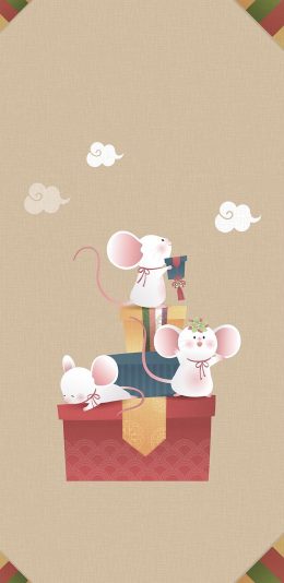 [2436x1125]可爱 卡通 鼠年 礼盒 苹果手机动漫壁纸图片