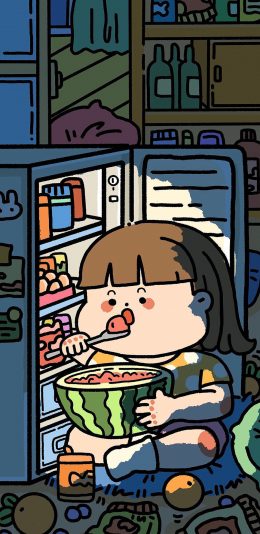 [2436x1125]可爱 吃西瓜 胖妹儿 夜晚 苹果手机动漫壁纸图片